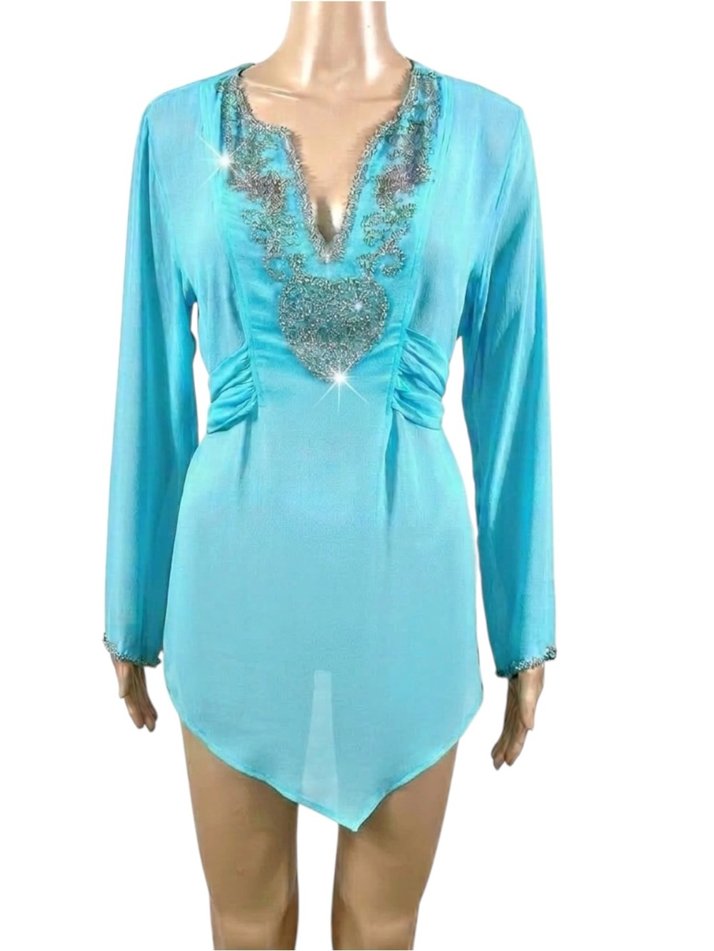Vintage YAE Saint-Tropez sheer turquoise tunic cover-up blouse built-in tie Sz M - Picture 1 of 13